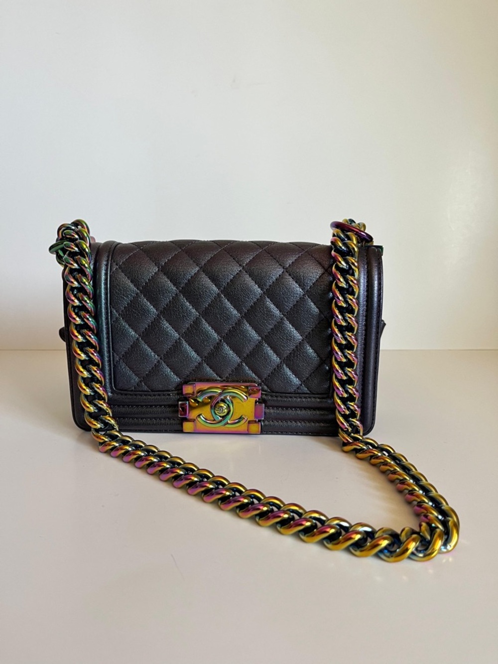 CHANEL IRIDESCENT Black Quilted Mini Boy Bag with Iridescent Chain - Picture 2 of 4